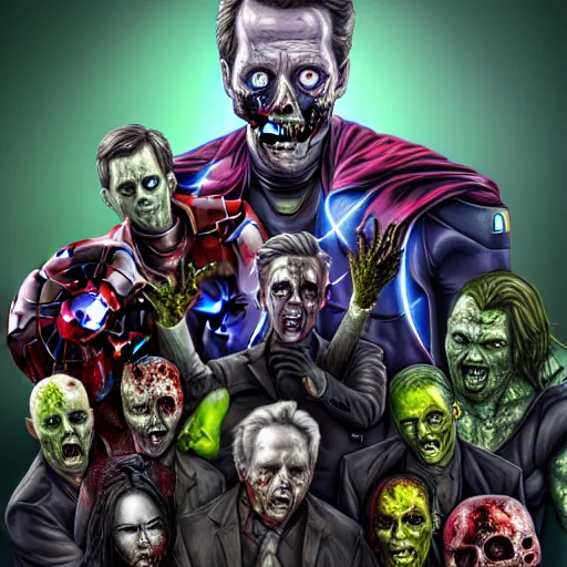 Image similar to a portrait of the avengers as zombies, highly detailed, digital photo, hdri, by christopher bretz and john carpenter, vivid colors, high contrast, 8 k resolution, intricate, photorealistic, smooth, psychedelic color scheme, concept art, award winning, cg society contest winner