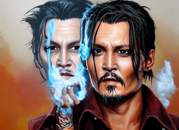 Prompt: an epic comic book style painting of johnny depp with a giant jar of white powder, white powder on his nose and face, trending on artstation, dynamic lighting