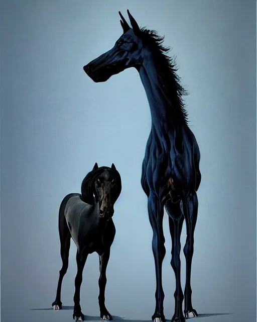 Prompt: painting of hybrid between black weimaraner & black stallion horse! & intercrossed animal, by zdzislaw beksinski, by mattias adolfsson, symmetry, single object scene, beautiful composition, 8 k, shot, depth of view,