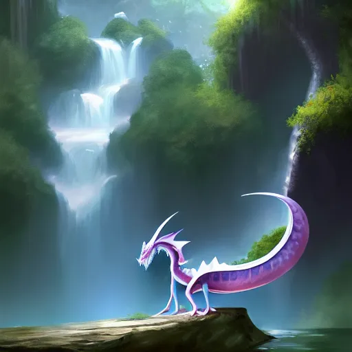 Image similar to beautiful photoshop commission of a slender dragon relaxing by a waterfall, digital painting, artstation, art by Jaime Jones