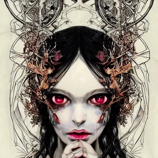 Prompt: A beautiful detailed aesthetic horror portrait painting titled 'Face of sadness' description 'Order of the occult princess' portrait, character design, worn, dark, manga style by yoshitaka amano, tsutomo nihie, kelly mckernan, peter mohrbacher, harry clarke, takayuki takeya. Trending on cgsociety artstation, cinematic lighting, 8k, masterpiece.