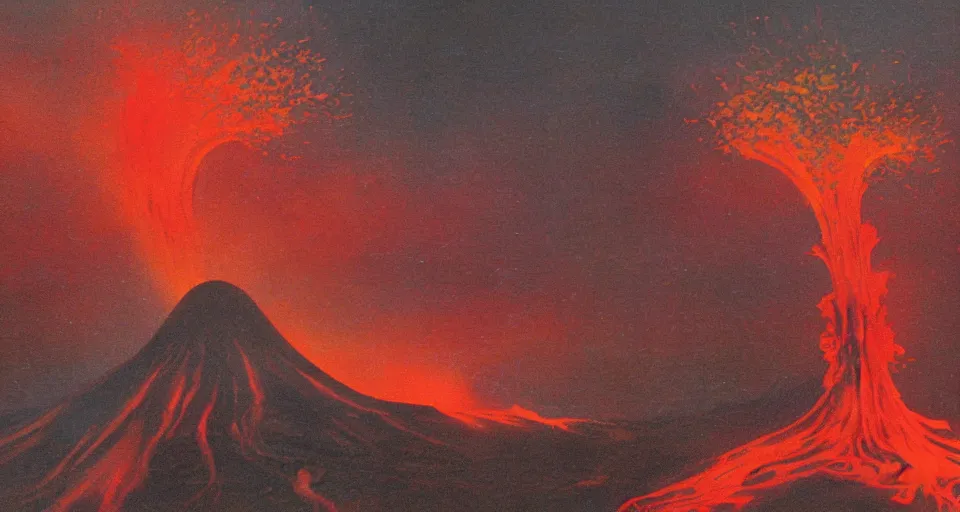 Image similar to a volcano made of ivory vines and crimson rocks enters in eruption, it spits a smoke in the shape of demonic eye, by PAUL LEHR ,