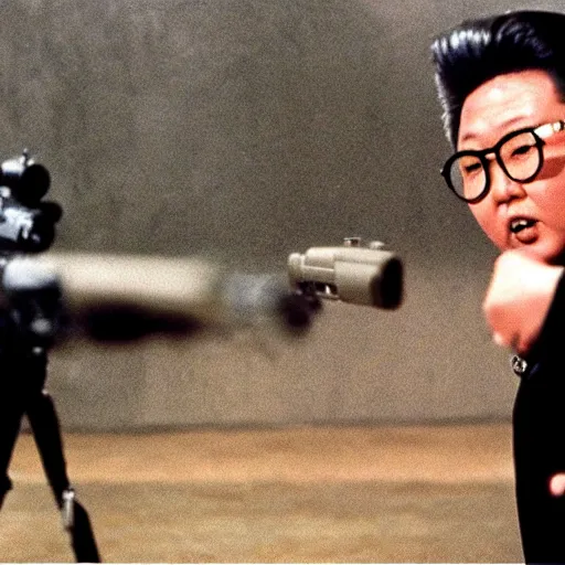 Image similar to Kim Jong-il in the role of James Bond, action filmstill, 1960s spy, Walther PPK, iconic James Bond shot