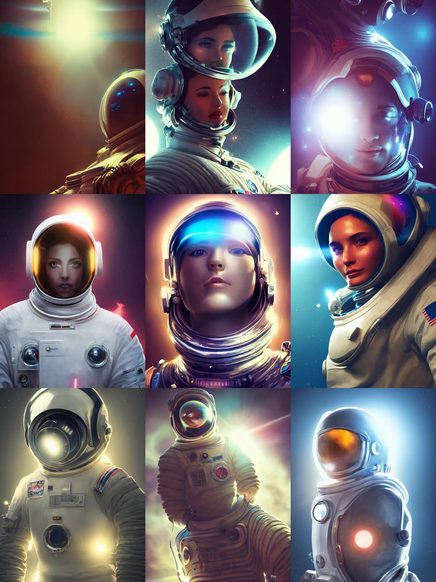 Prompt: portrait art of ultra realistic retro futuristic astronaut, lens flare, atmosphere, glow, detailed, intricate, full of colour, cinematic lighting, trending on artstation, 4 k, hyperrealistic, focused, extreme details, unreal engine 5, cinematic, masterpiece