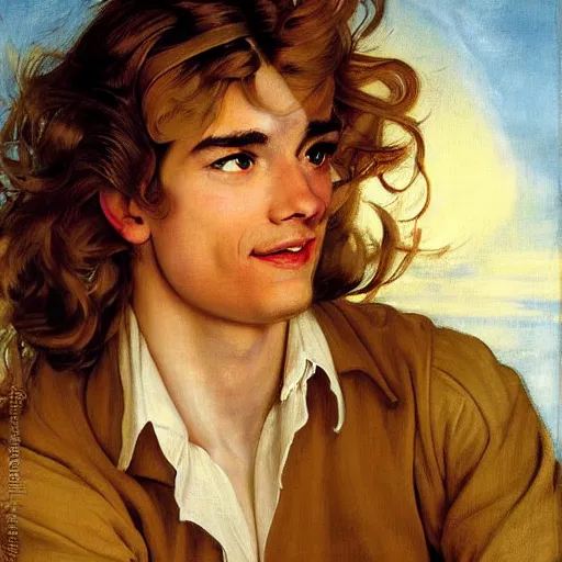 Prompt: beautiful portrait painting of Jim Hawkins from Treasure Planet with long curly blond hair, delicate young man wearing an open poet shirt smiling sleepily at the viewer, symmetrically parted curtain bangs, in love by Peter Paul Rubens and Norman Rockwell