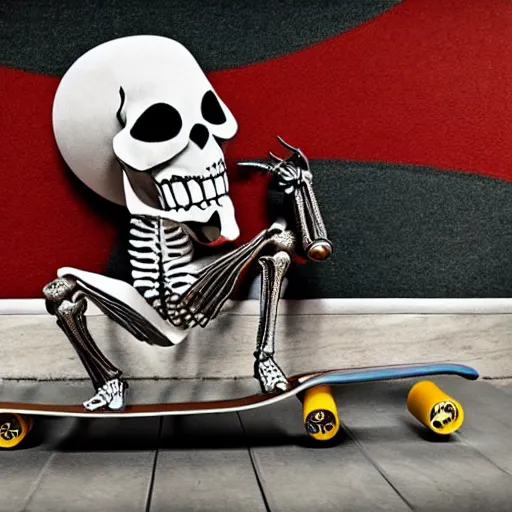Prompt: super cool radical flaming skeleton sitting on a toilet mounted to a skateboard, hyper realistic, photograph.