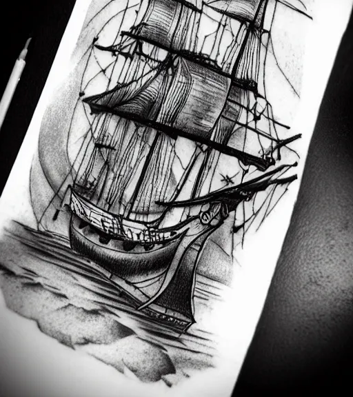 Prompt: A realistic tattoo design sketch of a pirate ship, paper background, black and white tattoo, highly detailed tattoo, shaded tattoo, hyper-realistic tattoo