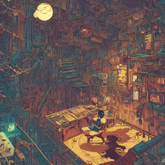 Image similar to Stunningly intricate illustration of a cyberpunk explorer playing video games in his treehouse, highly detailed, midnight, by Victo Ngai and James Gilleard , Moebius, Laurie Greasley