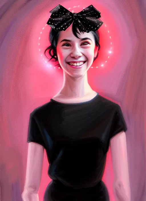 Image similar to portrait of high school girl, realistic, black hair, bangs, half updo hairstyle, pointy nose, skinny, smile, ugly, defined jawline, big chin, pink hair bow, earrings, intricate, elegant, glowing lights, highly detailed, digital painting, artstation, sharp focus, illustration, art by wlop, mars ravelo and greg rutkowski