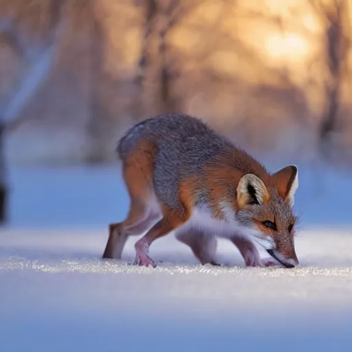 Image similar to mouse mixed with a fox searching for food in the snow, macro shot, soft light of winter, award winning photo, national geographic,