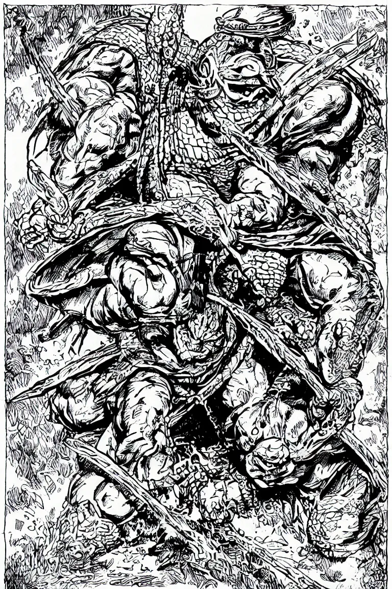 Prompt: Raphael the Ninja Turtle from the Dungeons and Dragons Monster Manual, line art illustration, 1981, high detail