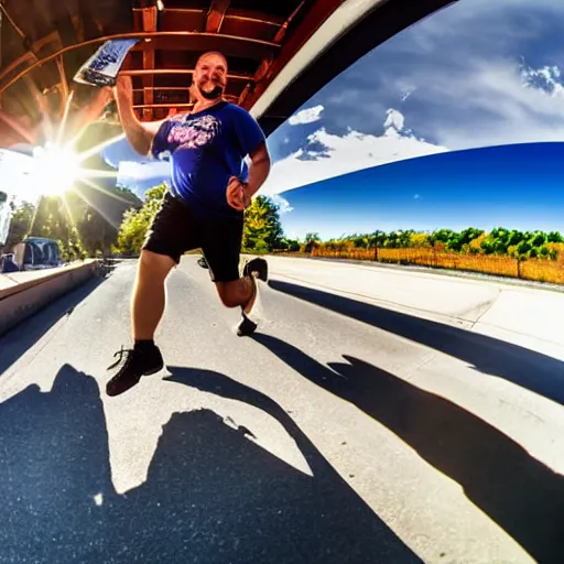 Prompt: large trucker running towards the camera with his arms out, sunny day, fisheye lens