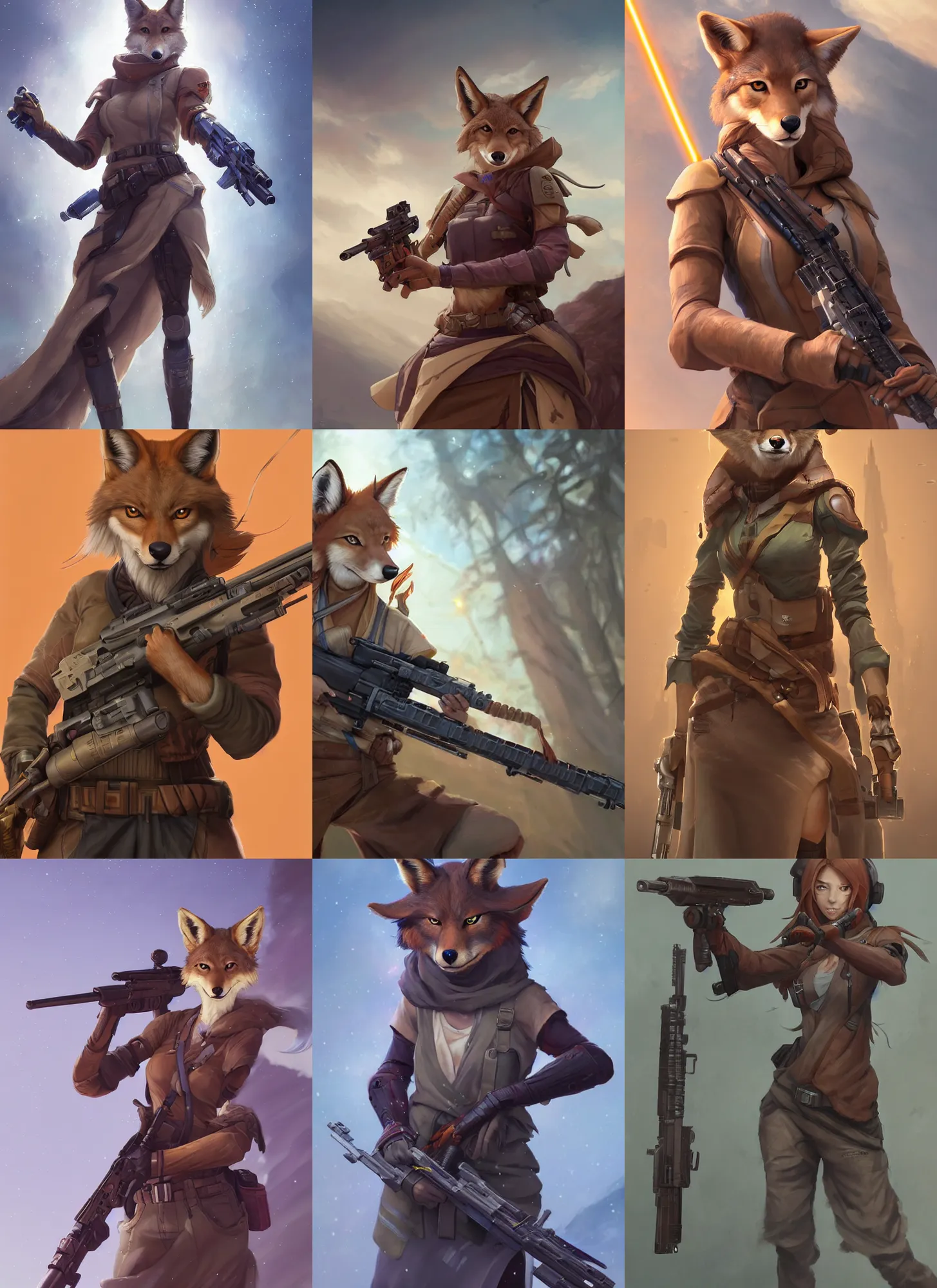 Prompt: beautiful portrait of a female anthropomorphic coyote fursona wearing jedi robes wielding a m - 2 4 assault rifle. detailed hands. character design by charlie bowater, ross tran, artgerm, and makoto shinkai, detailed, soft lighting, rendered in octane