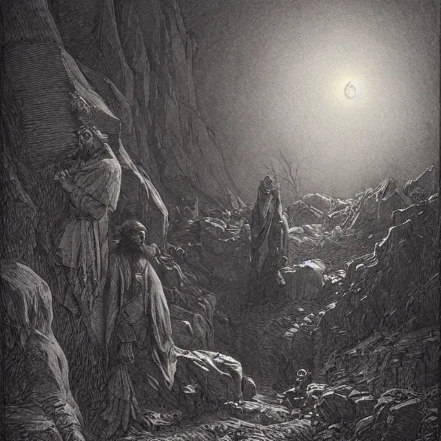 Image similar to etching by Franklin Booth and Gustav Doré showing frightened sorcerer in the desert by night, surrounded by nightmares in the shadows, mystic athmosphere, by Greg Rutkowski, deformed rocks, snakes, scorpions, UHD, 8K,