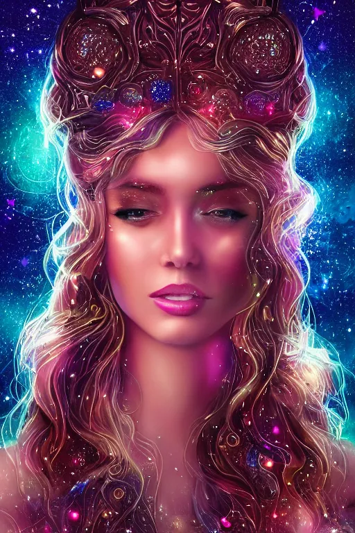 Image similar to one beautiful young woman's face, magical, space stars and planets in her hair, windblown, intricate, synth-wave, retrowave, highly-detailed, elegant, dramatic lighting, gorgeous face, lifelike, photorealistic face, long luxurious intricate gown, digital painting, artstation, illustration, concept art, smooth, sharp focus, art by John Collier, artgerm, and Albert Aublet and Krenz Cushart and Artem Demura and Alphonse Mucha