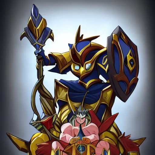 Image similar to Mordekaiser form league of legends sitting on a throne with a pikachu