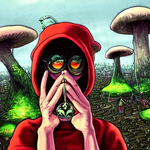 Image similar to A centered chest up portrait of a psychedelic demonic anthropomorphic frog smoking a hand-rolled cigarette smoking heavily , magic mushroom village in background . award winning. superb resolution. in the art style of junji Ito and greg rutkowski . Detailed Mushroom city in background. Hyper realistic anime. Perfect art. Dalle2