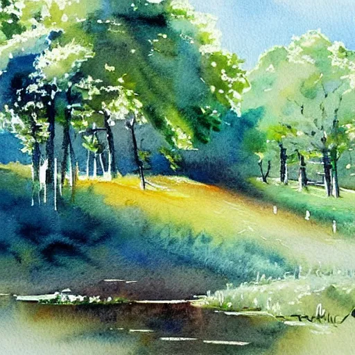 Prompt: beautiful countryside in watercolor painting