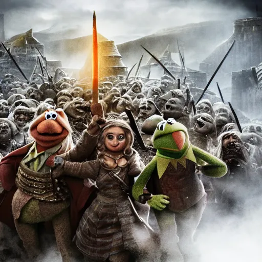 Prompt: The muppets in the battle of helms deep wide angle battle scene, highly textured, hyperrealism, explosions, award winning, gritty