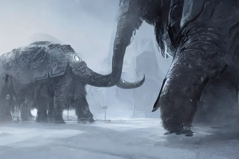 Image similar to a grand intricate futuristic black steam train next to a giant mammoth, post - apocalyptic ice landscape in snowstorm, concept art, artstation, highly detailed, digital art