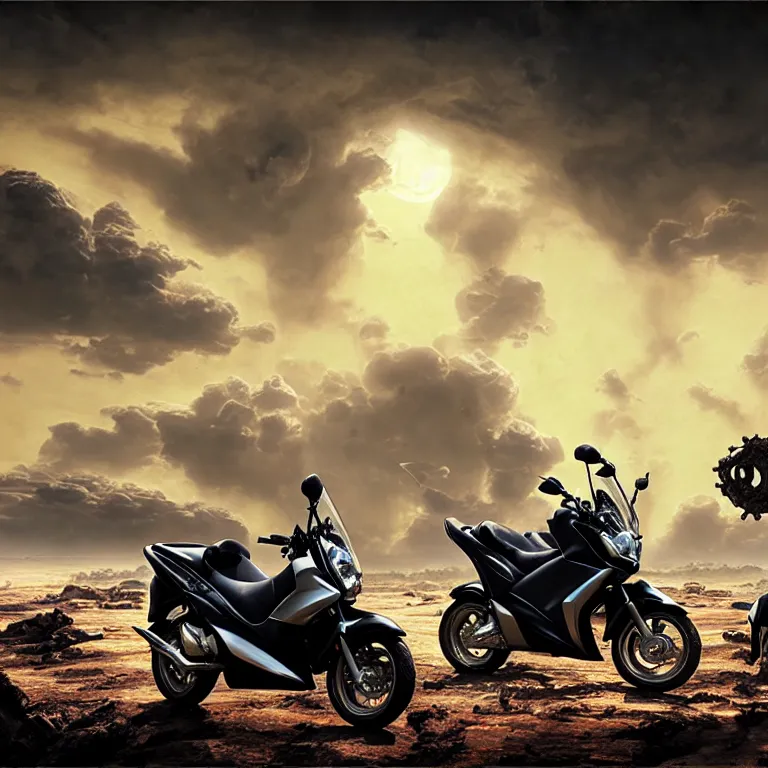 Image similar to landscape ad for yamaha aerox 2 0 0 4 motorbike in dirty wastelands on exoplanet, baroque painting, dramatic sky, beautiful intricate insanely detailed octane render, artstation, 8 k artistic photography, photorealistic, volumetric perfect light, chiaroscuro, raphael, caravaggio, beksinski, rutkowski, giger