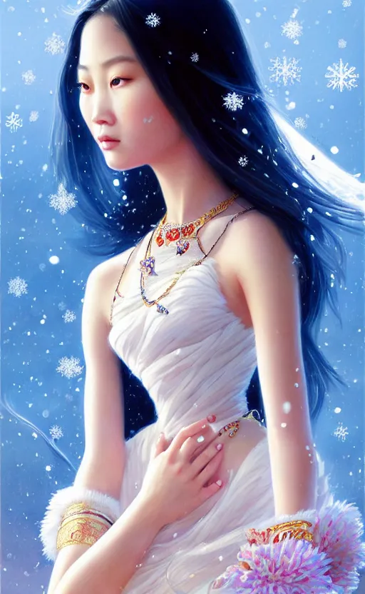 Image similar to a beautiful young charming asian goddess with sundress + jewelry + shinny eyes | | winter, symmetric, realistic shaded, unpleasant face, good looking, fine details, dior, lv, realistic shaded lighting poster by greg rutkowski, macoto takahashi, magali villeneuve, artgerm, jeremy lipkin and michael garmash