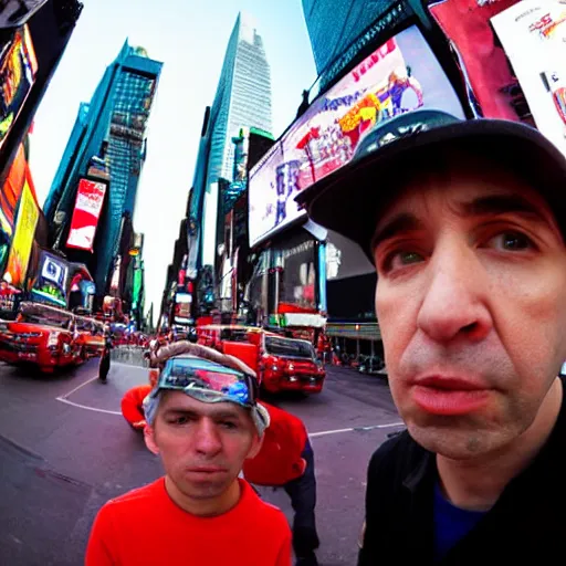 Prompt: award winning color photo, of all 3 Beastie boys, in New York times square, fisheye lens, detailed faces, close up, 8k, balanced composition