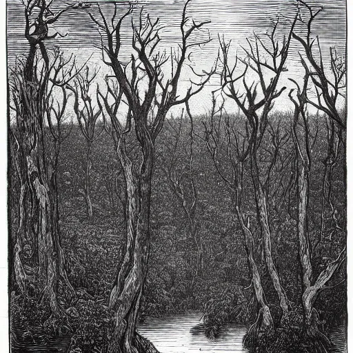 Image similar to An evil bog, full of trees with faces. Gustave Dore. Woodcut. Black and White.