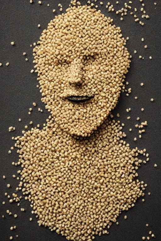 Image similar to millie bobby brown made out of millet, human face made out of millet, professional food photography