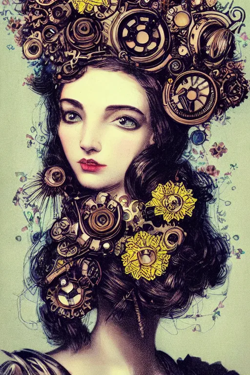Prompt: close-up portrait of a beautiful young cyborg woman with a big steampunk flower crown, Honoré Beaumier lithography
