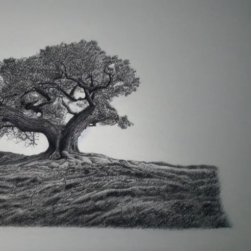 Prompt: oak tree on a hill, pencil drawing, detailed, landscape view