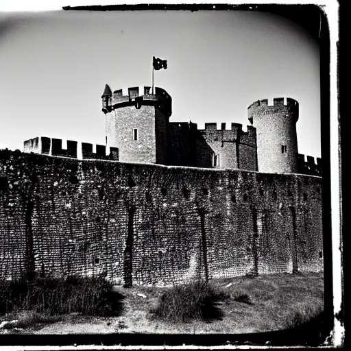 Image similar to a medieval castle on a hill, surrounded by renaissance era fortress walls, surrounded by barbed wire and trenches, black and white photography, 3 5 mm film