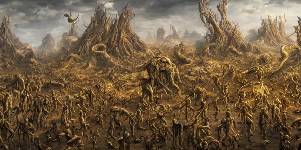 Prompt: surreal landscape oil painting of a terrifying bizarre parade deep perspective small biomorphic creatures in background large disturbing humanoids in the foreground perfect composition golden ratio epic scene unreal render hyperrealistic detail