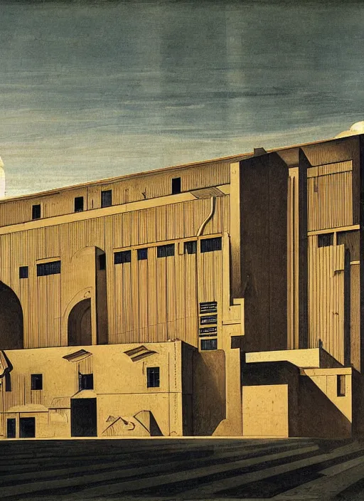 Image similar to an axonometric painting by giorgio de chirico of an elongated industrial warehouse designed by elia zenghelis