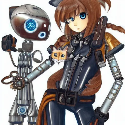 Image similar to a robotic steampunk human and cat, anime, wholesome, detailed,