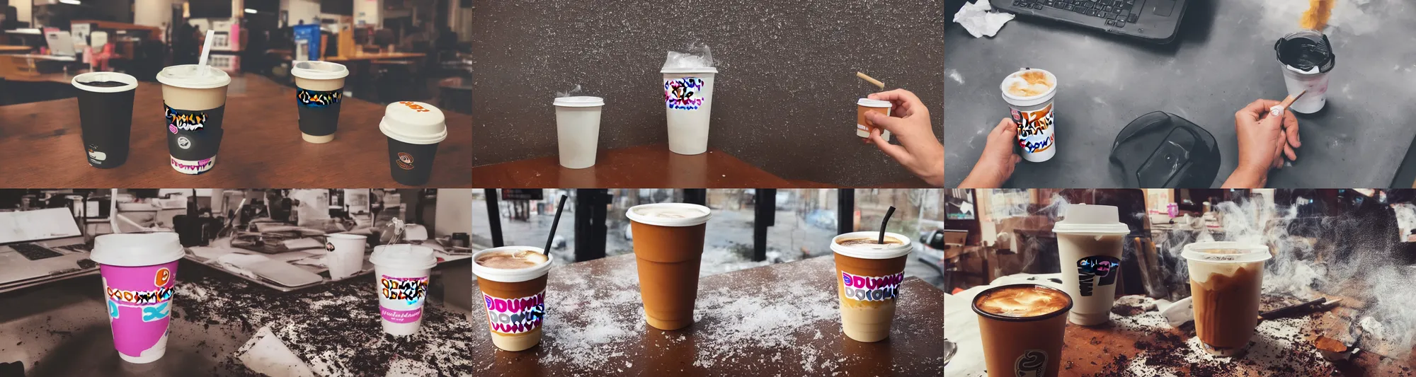 Prompt: A Dunkin Donuts iced coffee cup that is overgrowing with mold, on a dirty computer desk with cigarette ash everywhere, phone camera with flash, Instagram post