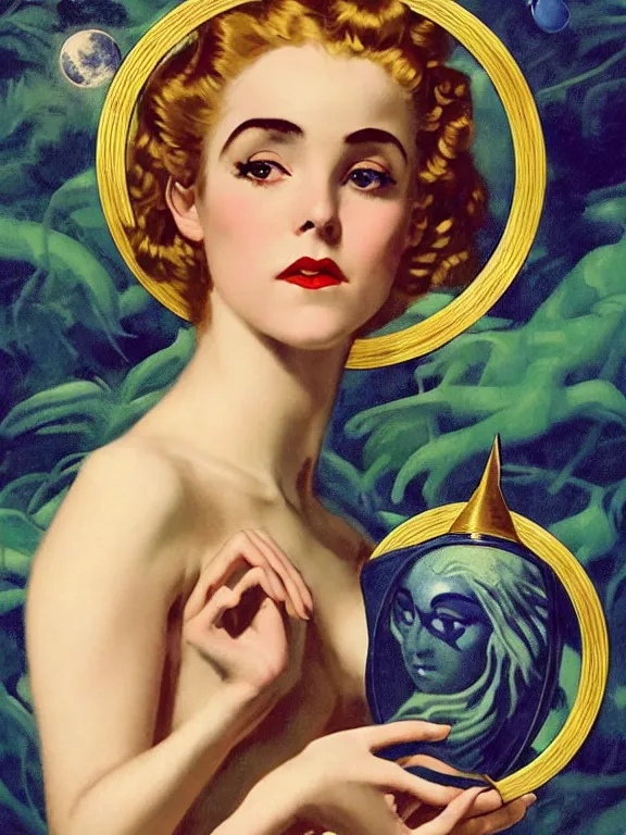 Image similar to kiernan shipka as the goddess Lilith mother of witches and vampires, a beautiful art nouveau portrait by Gil elvgren, moonlit lush jungle garden of Eden environment, centered composition, defined features, golden ratio, intricate gold jewlery