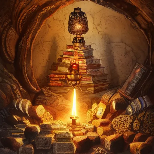 Image similar to epic view of an ancient dark byzantine cave interior, ornate oil lamp on a pile of crystals, books covered in jewels, ornate, surrounded by strange crystals and treasure, full of sand and glitter, hyper real, Indiana Jones, Tomb Raider, trending on artstation, concept art, cinematic, jewels, in the style of Jean Giraud