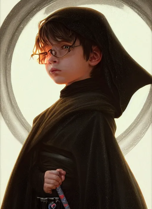 Image similar to perfectly - centered - portrait of a kid wearing black cloak holding light saber, intricate, highly detailed, digital painting, artstation, concept art, smooth, sharp focus, illustration, unreal engine 5, 8 k, art by artgerm and greg rutkowski and alphonse mucha and sam spratt