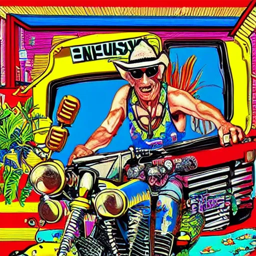 Image similar to Somewhere between Apocalypse Now and The Matrix, Cowboy Curtis on Pee Wee's Playhouse in the 80s, hyperreal intricate lifelike art by Gary Panter and Lisa Frank