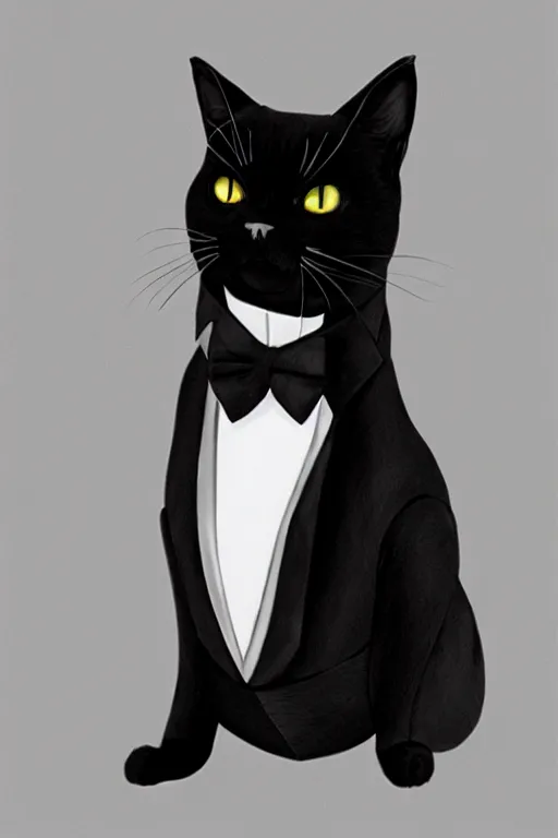 Image similar to a black cat wearing a tuxedo, portait, photo, profile, picture, hyperrealistic, concept art, digital art