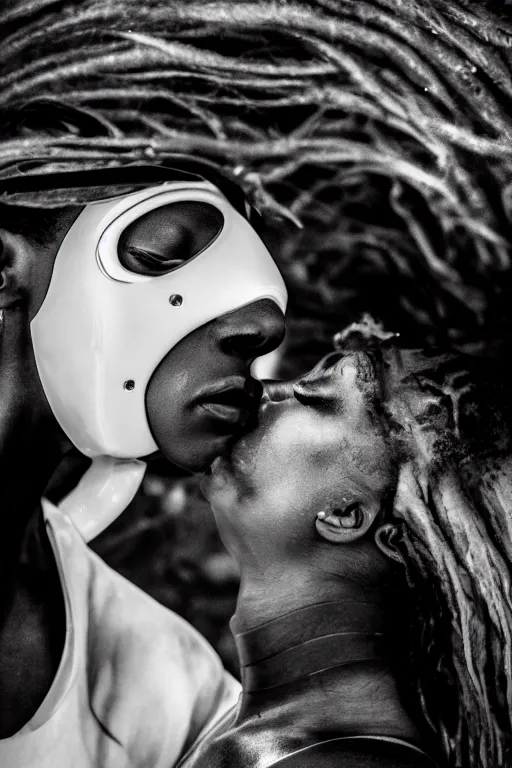 Image similar to a spectacular wideangle detailed closeup portrait photo, of a white robot kissing a african woman, beautiful low light mist