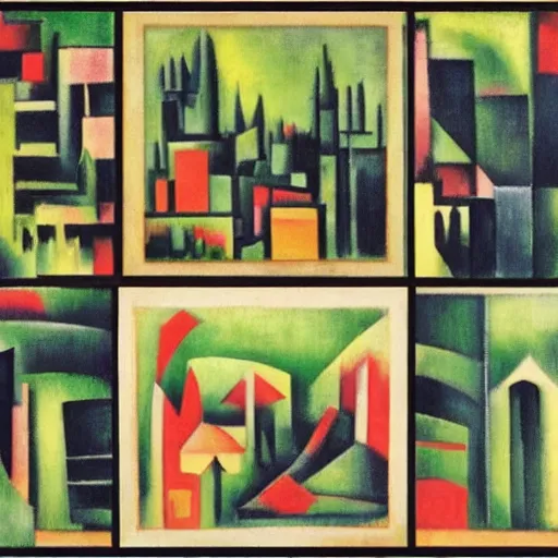 Prompt: forest green funereal by andre lhote. collage. a cityscape. the different colors & shapes represent different parts of the city.