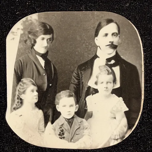 Image similar to vintage photograph of wealthy victorian mansion with family, ghost images and ectoplasm in the background, ghost hunting photograph