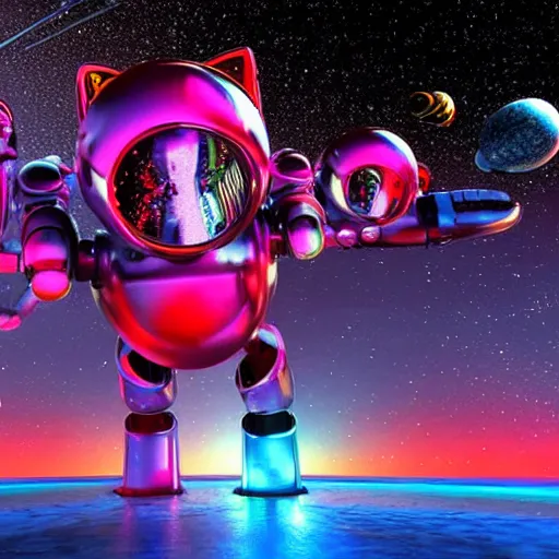 Image similar to 3 d rendered movie still pearlescent robots ( kitten ) in epic outer space battles and disco dance contests on saturn. science fiction, blockbuster movie, imax 7 0 mm, dystopian future, computer - animated science fiction film