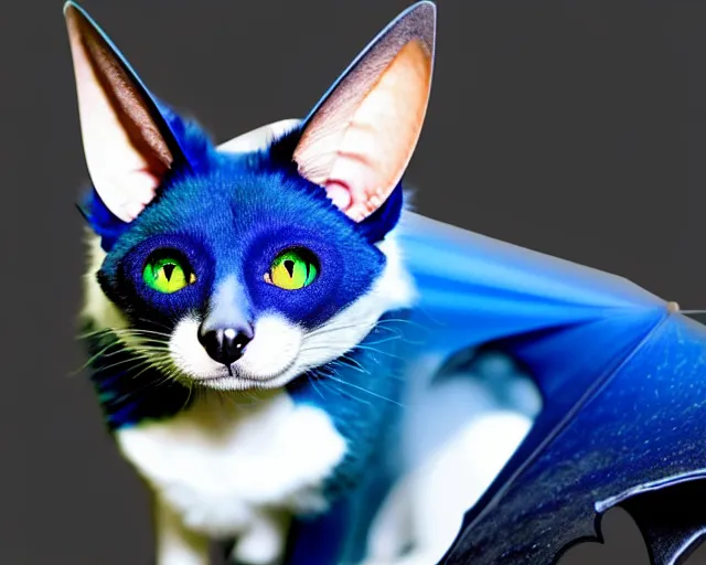 Prompt: a blue - and - black male blue / green heterochromatic catbat fursona with blue / green heterochromatic eyes ( one eye green ) and huge bat ears, photo of the catbat streaming on his computer