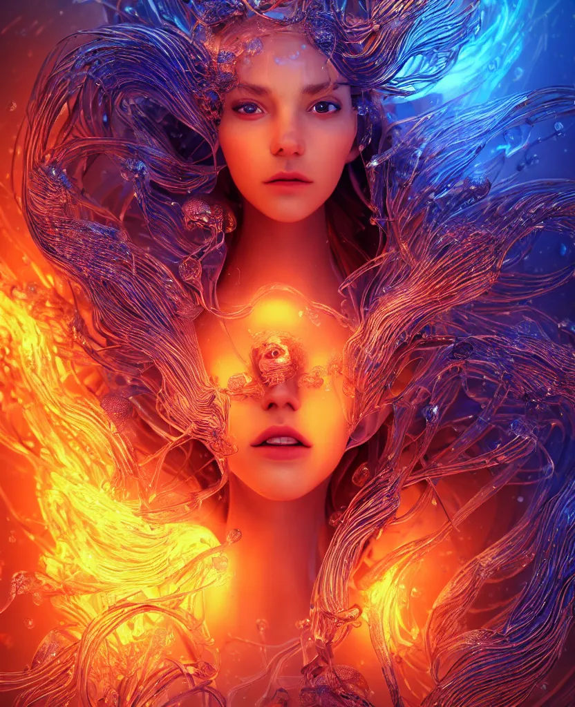 Image similar to close-up macro portrait of the face of a beautiful princess, epic angle and pose, symmetrical artwork, 3d with depth of field, blurred background, cybernetic jellyfish female face skull phoenix bird, translucent, nautilus, energy flows of water and fire. a highly detailed epic cinematic concept art CG render. made in Maya, Blender and Photoshop, octane render, excellent composition, cinematic dystopian brutalist atmosphere, dynamic dramatic cinematic lighting, aesthetic, very inspirational, arthouse. y Greg Rutkowski, Ilya Kuvshinov, WLOP, Stanley Artgerm Lau, Ruan Jia and Fenghua Zhong