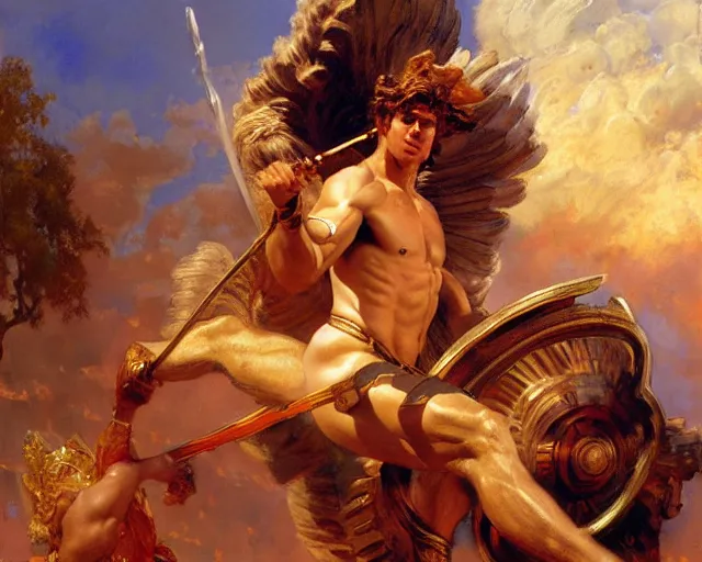 Image similar to attractive apollo greek god, riding his fire chariot. highly detailed painting by gaston bussiere, craig mullins, j. c. leyendecker 8 k