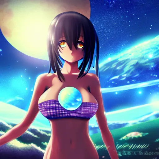 Prompt: An anime girl in bikini holding and terraforming a planet on her hands, unfocused background milkyway galaxy stars universe, wide-shot, high detail, 4k, digital art, artstation, 8k, very detailed