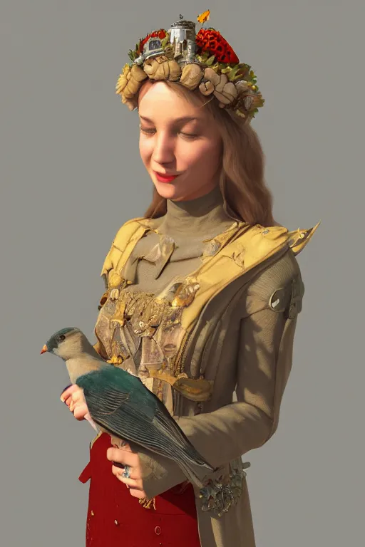 Image similar to zoom in 3 d render of english princess holding birds, ornaments, church, altar, dieselpunk, solarpunk, artstation, andrei riabovitchev